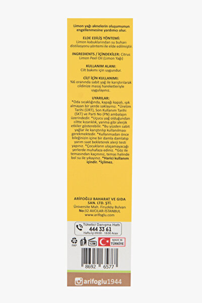 Arifoğlu Limon Yağı 20ml  %100 Saf  Lemon Oil