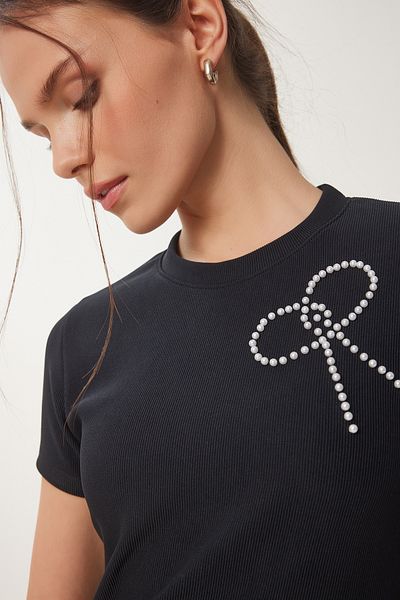 Happiness İstanbul Women's Black Beaded Bow Detailed Knitted T-Shirt Zv00290