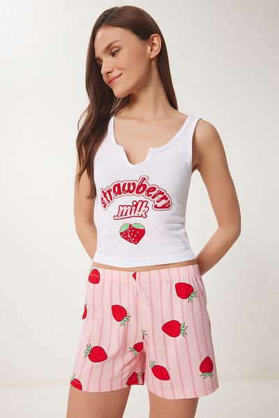 Happiness İstanbul Pink White Printed Shorts Knitted Pajamas Suit for Women