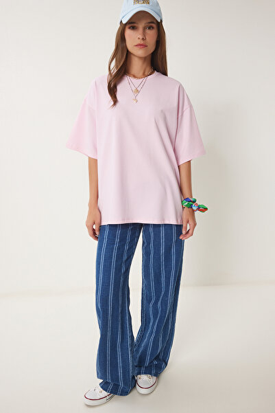 Happiness İstanbul Women's Pink Basic Oversize Knitted T-Shirt Hw00007