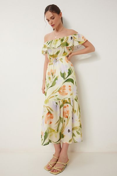 Happiness İstanbul Women's Yellow Green Carmen Collar Patterned Summer Linen Dress Rg00057