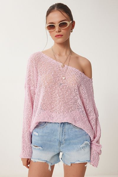 Happiness İstanbul Rosa durchbrochene saisonale Strickbluse für Damen YY00232