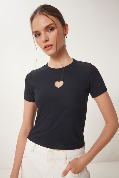 Happiness İstanbul Women's Black Heart Embroidered Ribbed Knitted T-Shirt Zv00289