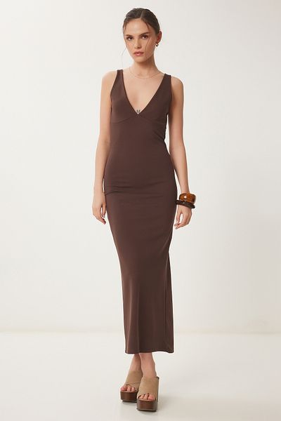 Happiness İstanbul Braunes Midikleid mit V-Ausschnitt für Damen UB00378