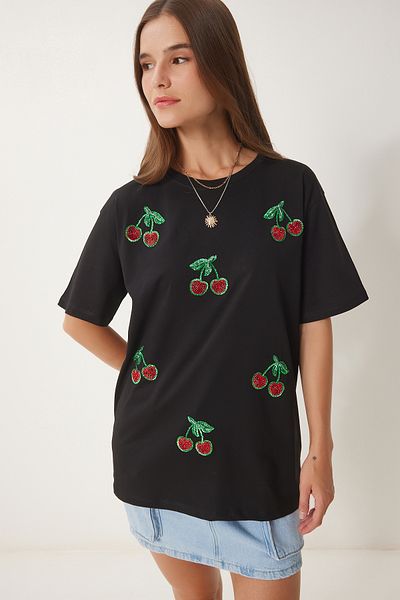 Happiness İstanbul Women's Black Bead Detailed Knitted T-Shirt Bw00002