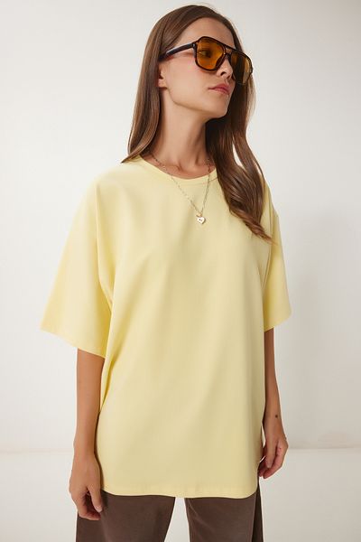 Happiness İstanbul Gelbes Basic-Strick-T-Shirt für Damen in Übergröße HW00007