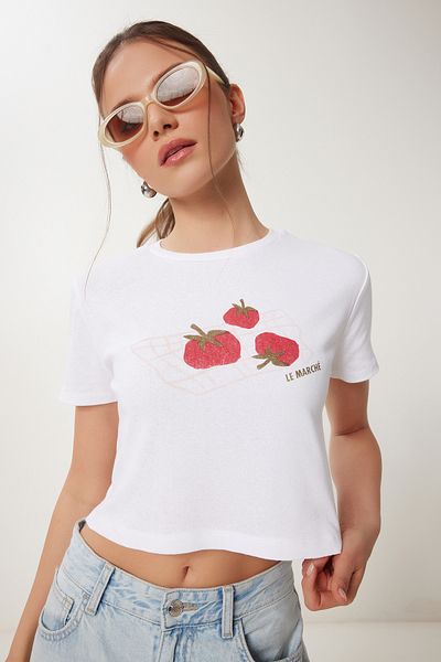 Happiness İstanbul Women's White Printed Crop Top T-Shirt Wo00053