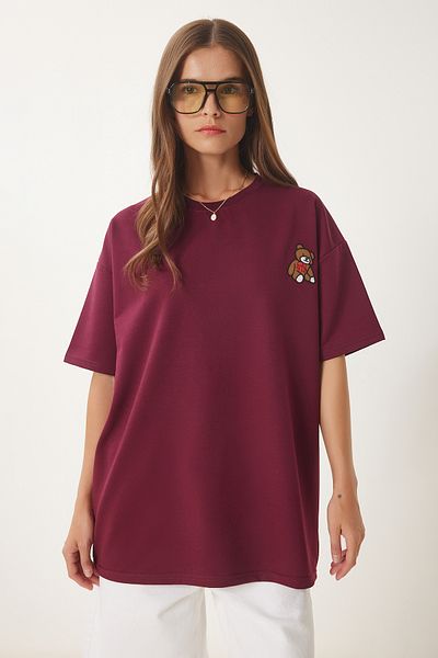 Happiness İstanbul Burgunderrotes, mit Teddybären besticktes, übergroßes Strick-T-Shirt für Damen ZV00286
