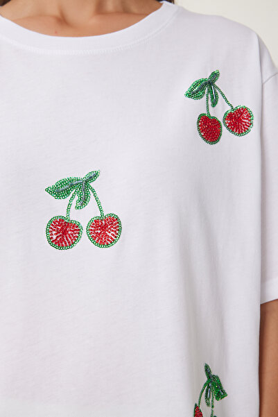 Happiness İstanbul Dámske biele korálkové detailné pletené tričko BW00002