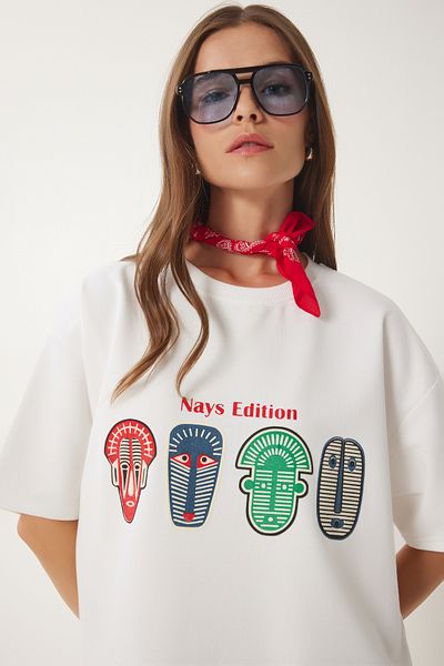 Happiness İstanbul Ecru Oversize bedrucktes Strick-T-Shirt für Damen ZV00279