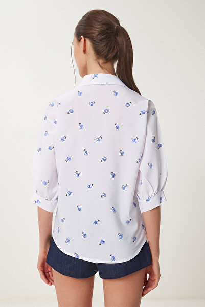 Happiness İstanbul Női fehér léggömb ujjú mintás szőtt ing ZV00287