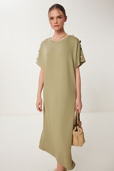 Happiness İstanbul Khakifarbenes Sommer-Strickkleid mit Knopfdetail für Damen ZV00291