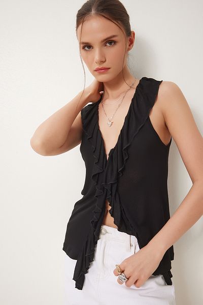 Happiness İstanbul Women's Black Frilly Transparent Knitted Blouse Ub00380