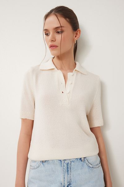 Happiness İstanbul Women's Cream Polo Neck Seasonal Knitwear Blouse Yy00236