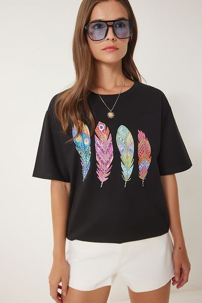 Happiness İstanbul Schwarzes, mit Perlen verziertes, bedrucktes Strick-T-Shirt für Damen BW00003
