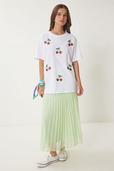 Happiness İstanbul Weißes Damen-T-Shirt mit Perlenstrick BW00002