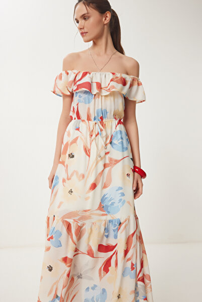 Happiness İstanbul Γυναικείο Καλοκαιρινό Λινό Φόρεμα με Κρεμ Μπλε Καρμέν γιακά RG00057