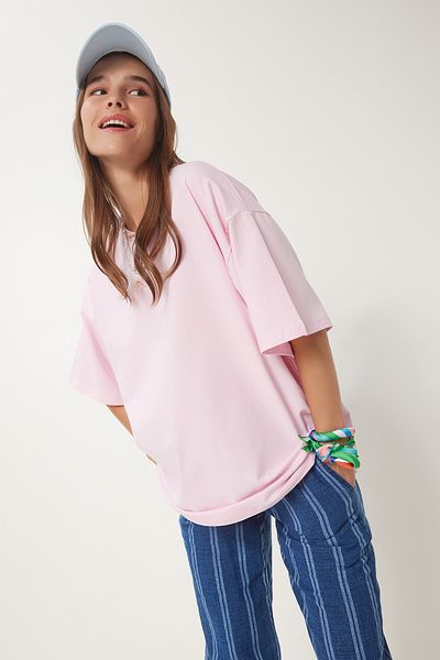 Happiness İstanbul Rosa Basic Oversize-Strick-T-Shirt für Damen HW00007