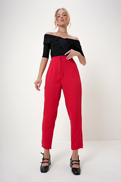 Trend Alaçatı Stili Red Women's Trousers - Slim Fit with Stitching Detail Alc-X12773