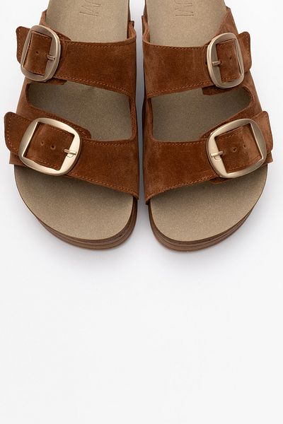 LuviShoes HARBOR Brown Suede Double Striped Genuine Leather Women's Thick Soled Slippers