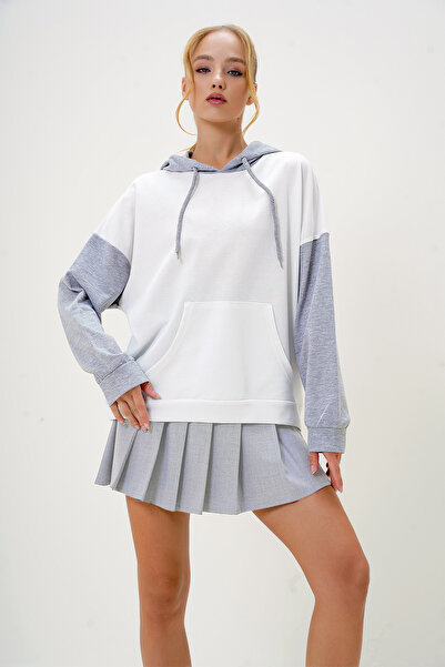 Trend Alaçatı Stili Dámská mikina Ecru Raised Color Block Oversize s kapucí ALC-X4977