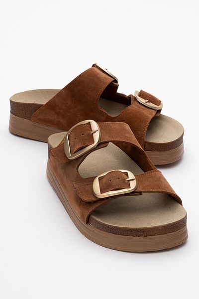 LuviShoes HARBOR Brown Suede Double Striped Genuine Leather Women's Thick Soled Slippers