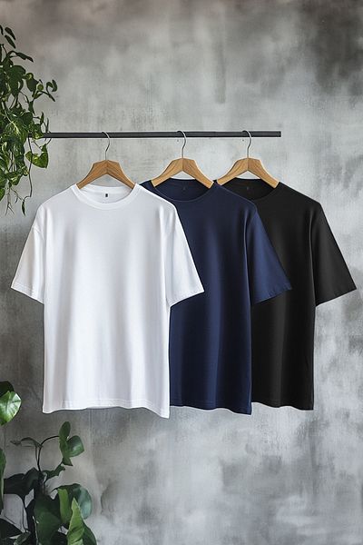 Trendyol Collection Μαύρο-άσπρο-ναυτικό μπλουζάκι Oversize 100% 3% Πακέτο TMNSS24TS00026