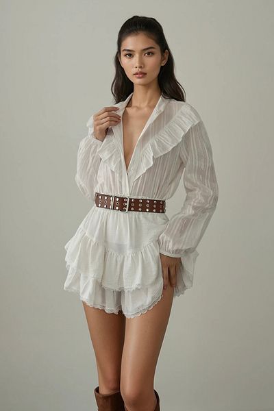 Trendyol Collection Cămașă transparentă decupată scurtă/crop cu volane alb TWOSS25GO00165
