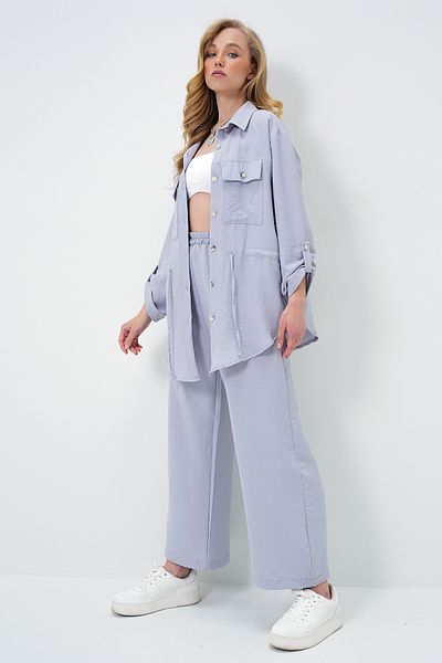 Trend Alaçatı Stili Women's Gray Double Pocket Safari Jacket and Elastic Waist Wide Leg Aerobin Trousers Suit Ymx8448
