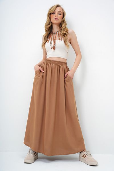 Trend Alaçatı Stili Milchbrauner, ausgestellter, gewebter Rock mit zwei Taschen für Damen Alc-X13876