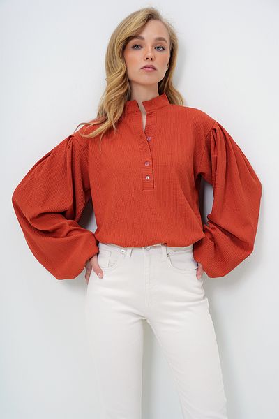 Trend Alaçatı Stili Women's Tile Judge Collar Front Buttoned Balloon Sleeve Textured Shirt Blouse Alc-X11872
