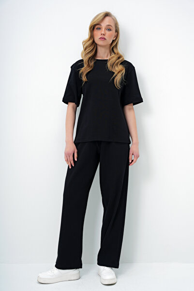 Trend Alaçatı Stili Czarny damski komplet: okrągły dekolt + krawat + bluzka + spodnie palazzo Alc-X13878