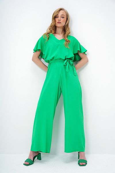 Trend Alaçatı Stili Grüner Damen-Overall mit V-Ausschnitt und Flügelärmeln, gewebt, mit Gürtel, Alc-X13787
