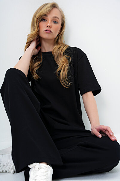 Trend Alaçatı Stili Czarny damski komplet: okrągły dekolt + krawat + bluzka + spodnie palazzo Alc-X13878