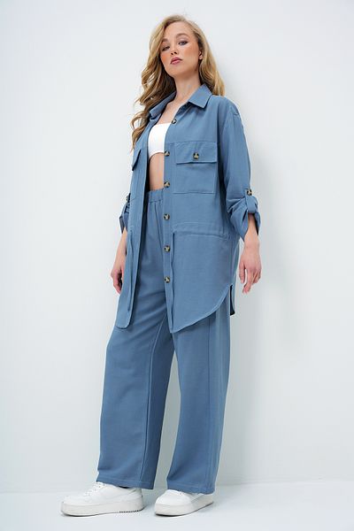Trend Alaçatı Stili Women's Aviator Blue Shirt Collar Double Pocket Tie Linen Safari Jacket and Pants Set Alc-X14060