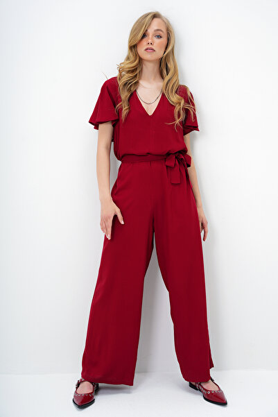 Trend Alaçatı Stili Women's Burgundy V-Neck Flared Sleeves Self Belted Woven Summer Jumpsuit Alc-X13787