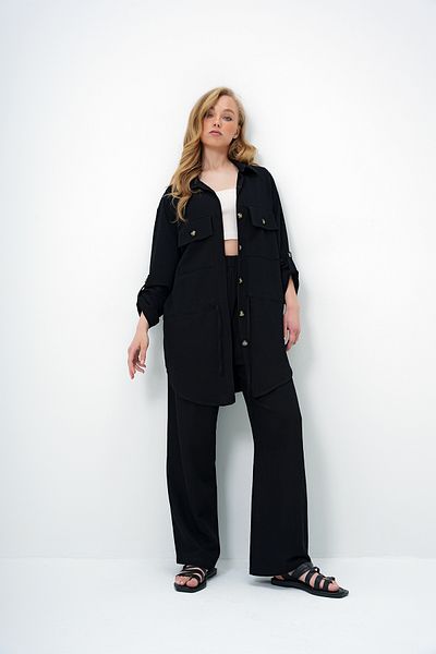 Trend Alaçatı Stili Women's Black Shirt Collar Double Pocket Tie Linen Safari Jacket and Pants Set Alc-X14060
