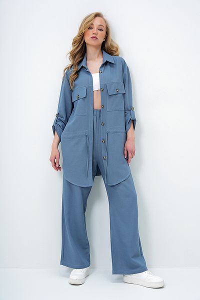 Trend Alaçatı Stili Women's Aviator Blue Shirt Collar Double Pocket Tie Linen Safari Jacket and Pants Set Alc-X14060