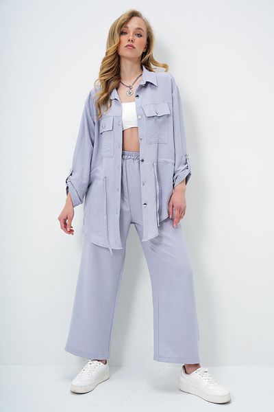 Trend Alaçatı Stili Women's Gray Double Pocket Safari Jacket and Elastic Waist Wide Leg Aerobin Trousers Suit Ymx8448