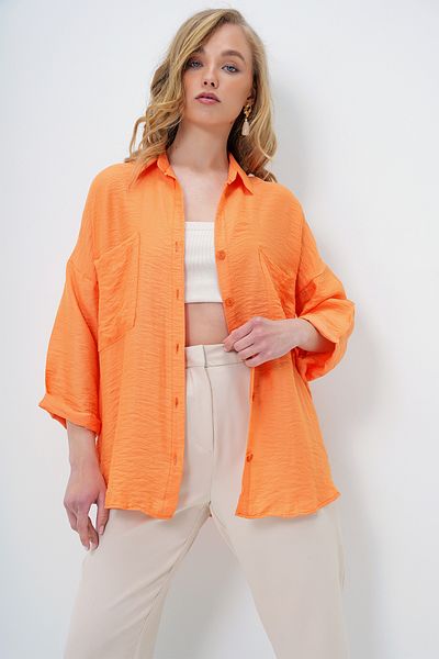 Trend Alaçatı Stili Γυναικείο Πορτοκαλί Διπλή Τσέπη Oversize Υφαντό Πουκάμισο Alc-X13960