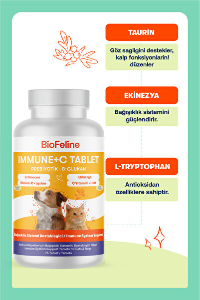 BioFeline Bağışıklık Ve Direnç Destekleyici Beta Glukanlı C Vitamini Kedi Köpek Tablet 75 Adet | Kedi Vitamini | Köpek Bağışıklık | Kedi Direnç Desteği