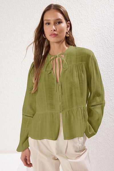 Trendyol Collection Khaki Cotton Textured Fabric Lacy on the Sleeve Regular Normal Fit Woven Shirt Twoss25Go00038