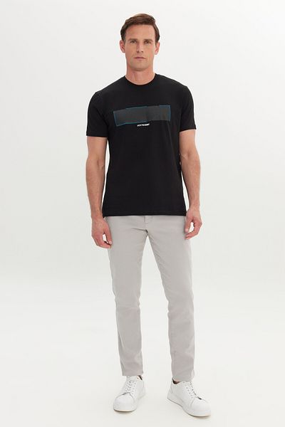 ALTINYILDIZ CLASSICS Men's Black Slim Fit Narrow Cut Crew Neck Cotton Patterned T-Shirt
