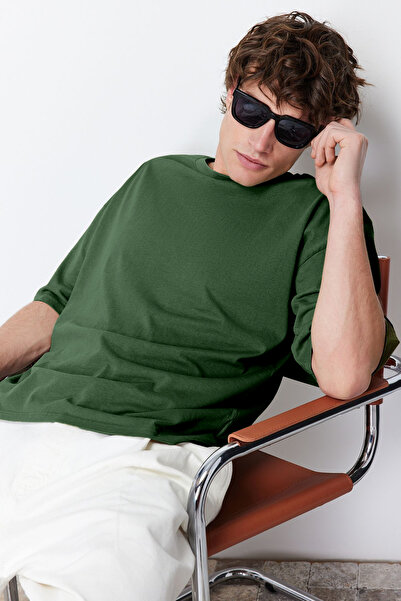 Trendyol Collection Μπλουζάκι από 100% βαμβάκι Khaki Oversize Basic κοντά μανίκια