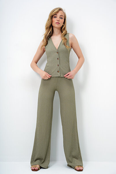 Trend Alaçatı Stili Női khaki Slim Fit V-nyakú gombos mellény és nadrág szett ALC-X13583