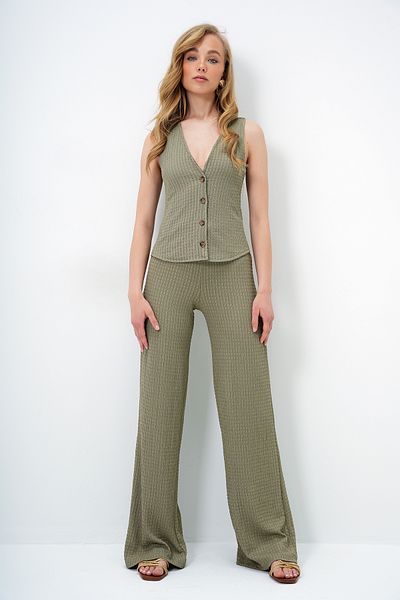 Trend Alaçatı Stili Női khaki V-nyakú gombos mellény és nadrág szett ALC-X13583