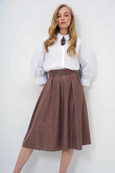 Trend Alaçatı Stili Bitterbrauner, strukturierter Midirock mit hoher Taille und breitem Gürtel und verdecktem Reißverschluss für Damen ALC-X13473