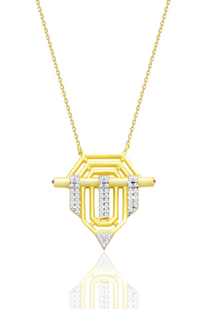 Söğütlü Silver Gümüş altın yaldızlı zirkon taşlı seranay kolye SGTL12666GOLD