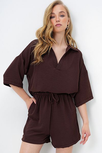 Trend Alaçatı Stili Women's Brown Polo Neck Aerobin Blouse and Shorts Set Alc-X13947