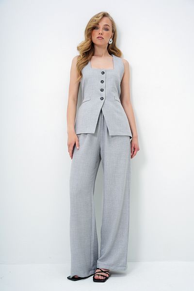 Trend Alaçatı Stili Women's Grey Square Collar Lined Woven Linen Vest and Double Pockets Palazzo Pants Suit Alc-X13910